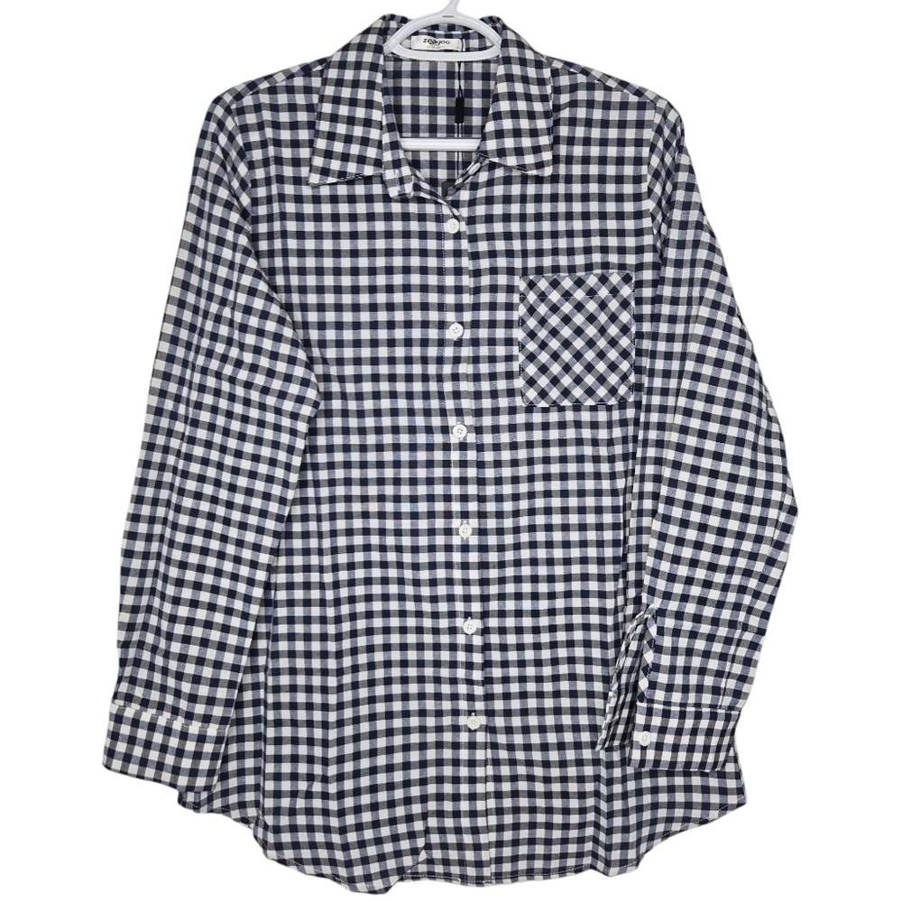 Zeagoo Womens Navy Blue Gingham Plaid Button Up Shirt Size Medium